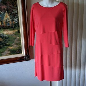 Tahari Tiered Midi Dress Long Sleeve/Coral 10